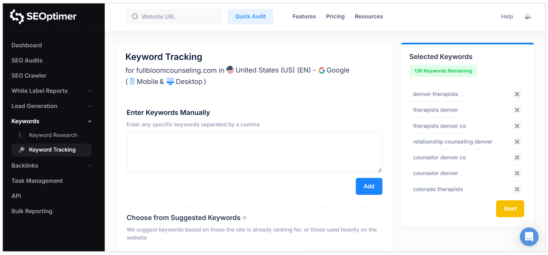 Keyword tracking setup
